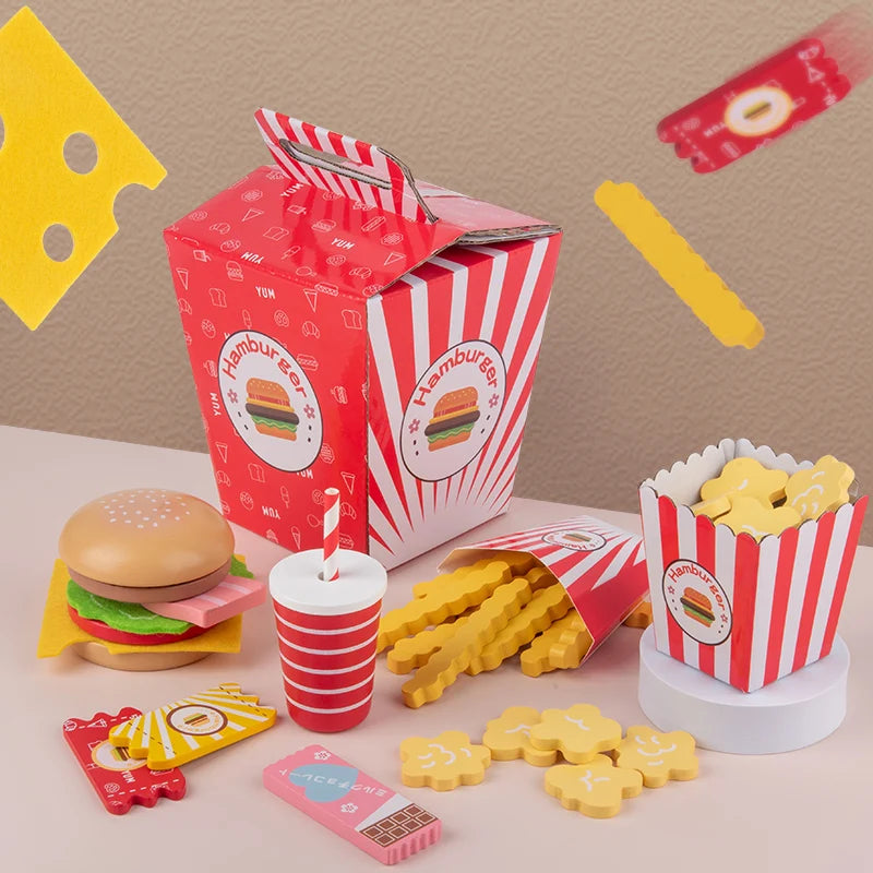 Set de juego de hamburguesas y patatas fritas.