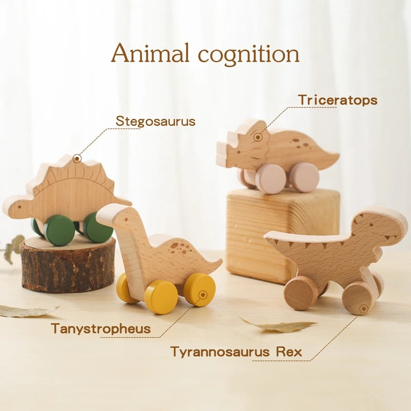 Giocattolo in legno di faggio Montessori dinosauro con ruote multivariante