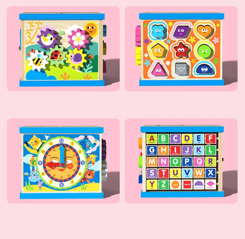 Dado motricità in legno animaletti con orologio, forme, lettere e colori